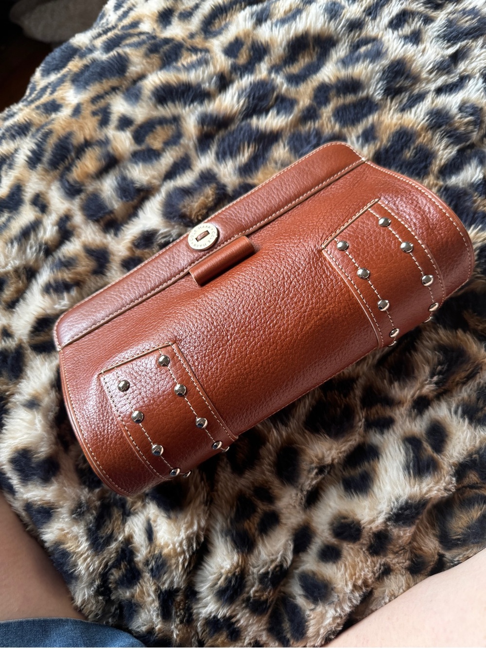 Cole Haan Brown Pebbled Leather Studded Wristlet Clutch